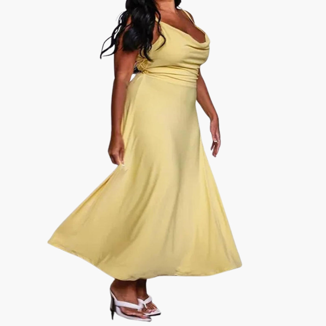Ärmelloses langes Damenkleid mit drapiertem Kragen
