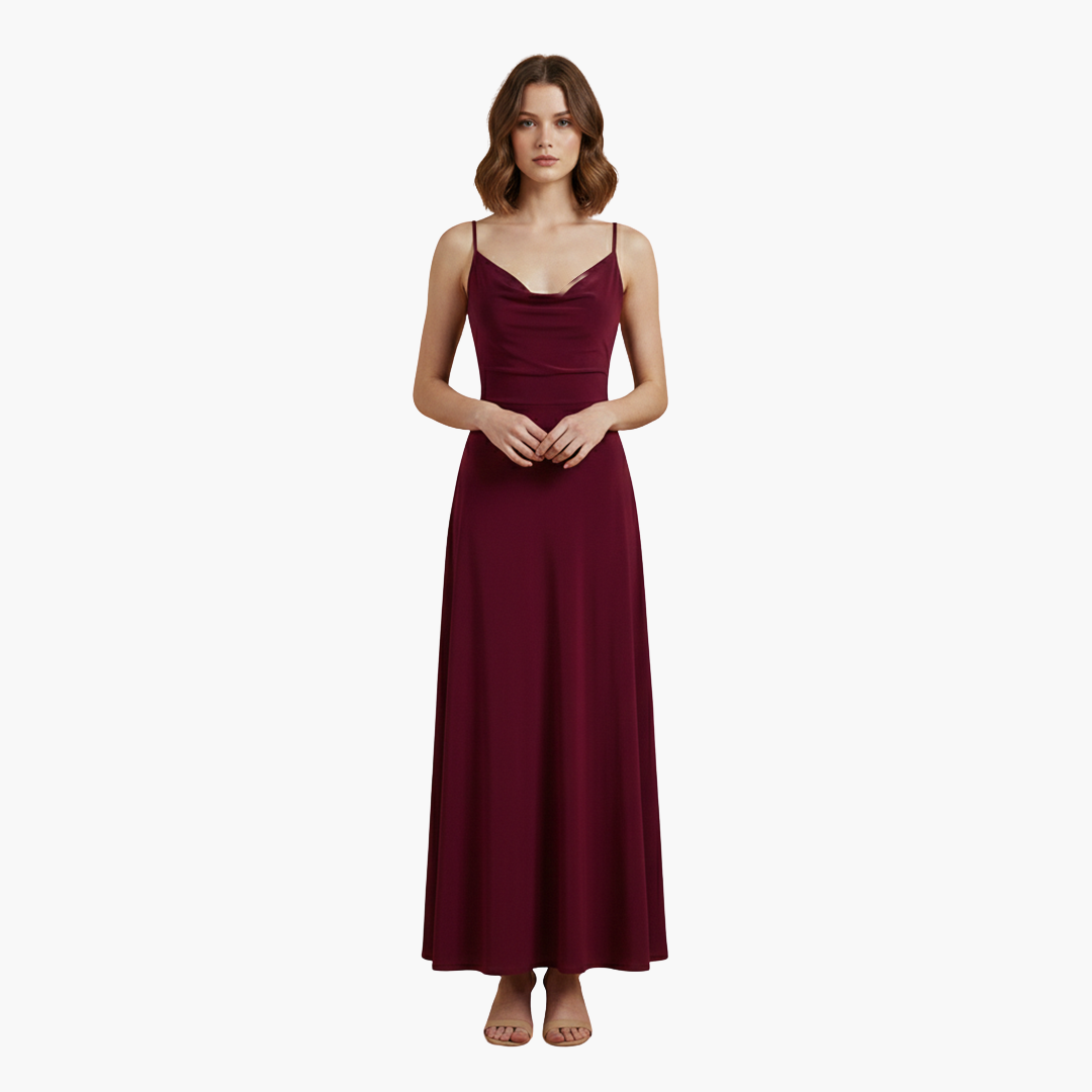 Ärmelloses langes Damenkleid mit drapiertem Kragen