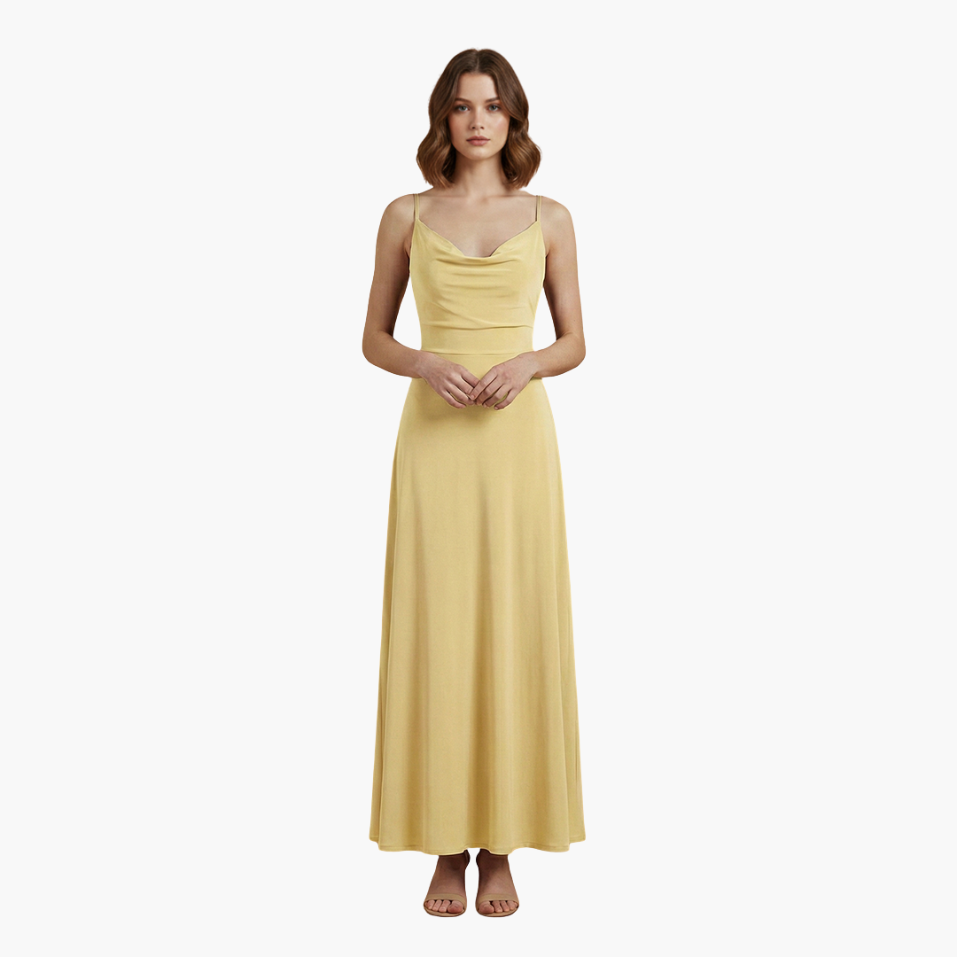 Ärmelloses langes Damenkleid mit drapiertem Kragen