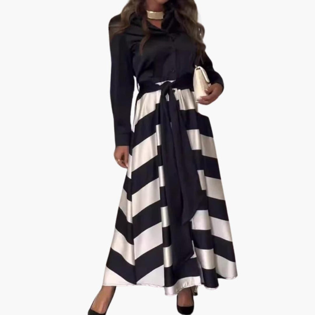 Vestido largo para mujer con cuello de camisa y cinturón para atar
