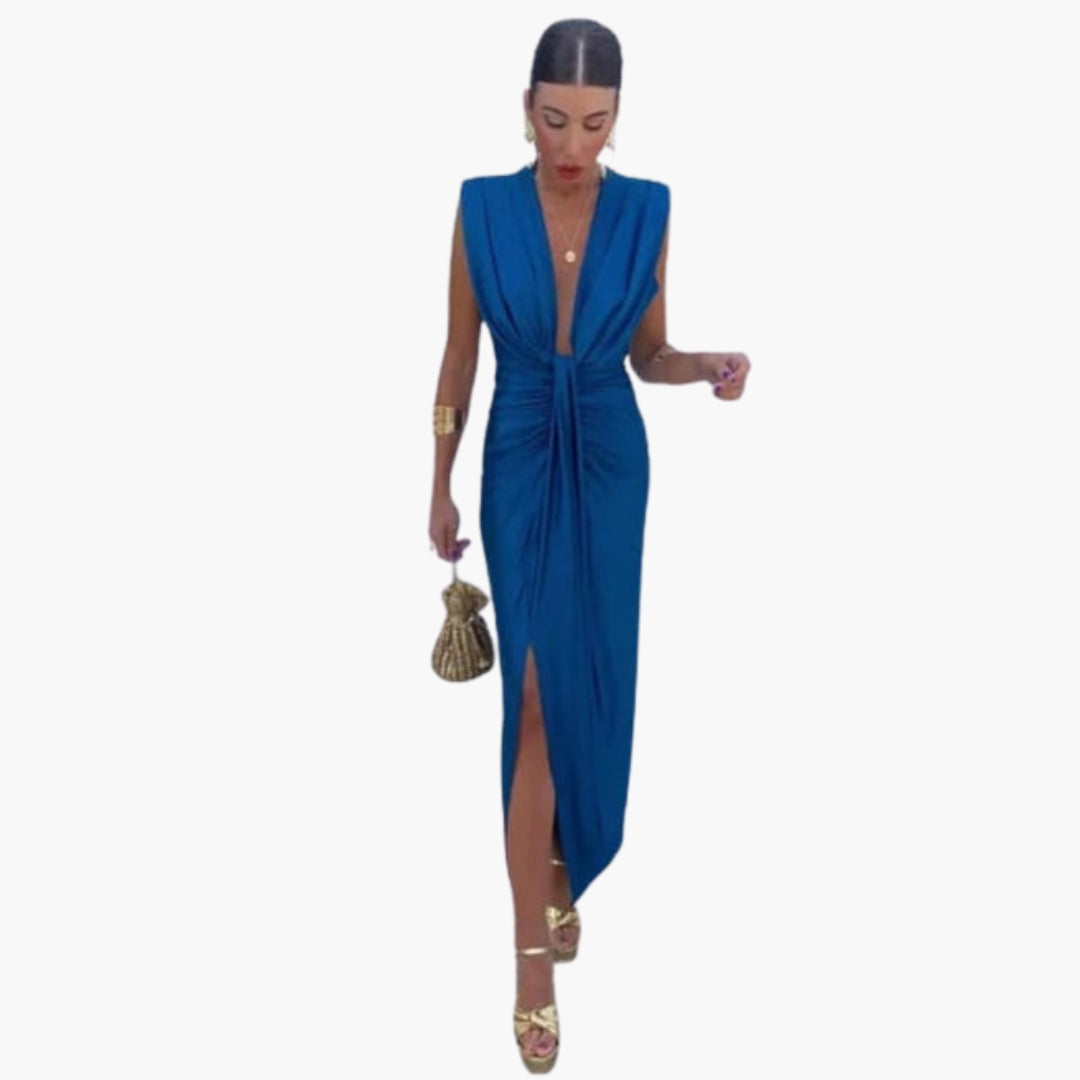 Maxikleid für Damen mit V-Ausschnitt und geraffter Taille