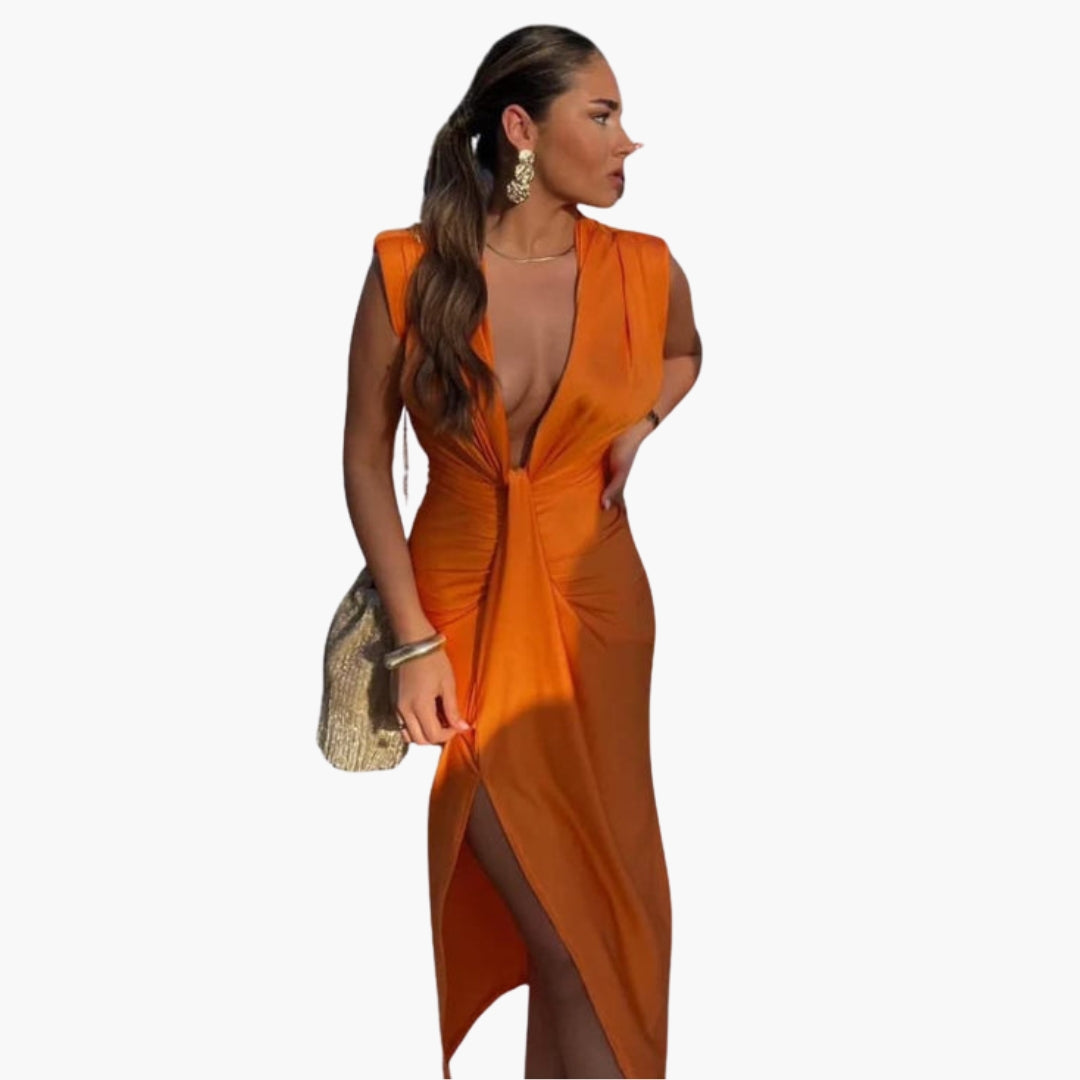 Maxikleid für Damen mit V-Ausschnitt und geraffter Taille