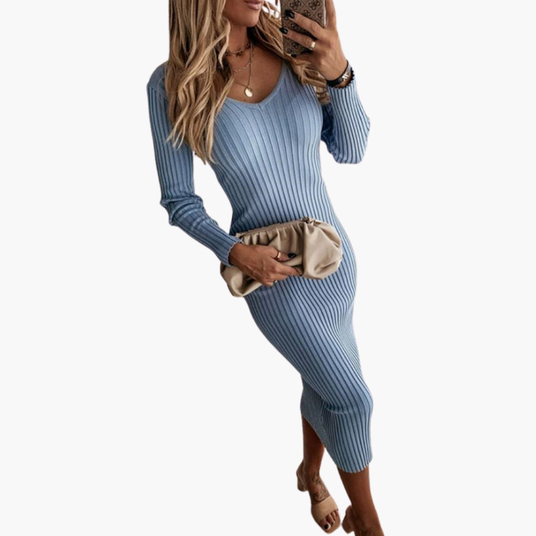 Midi dress for women with long sleeves and rounded neckline