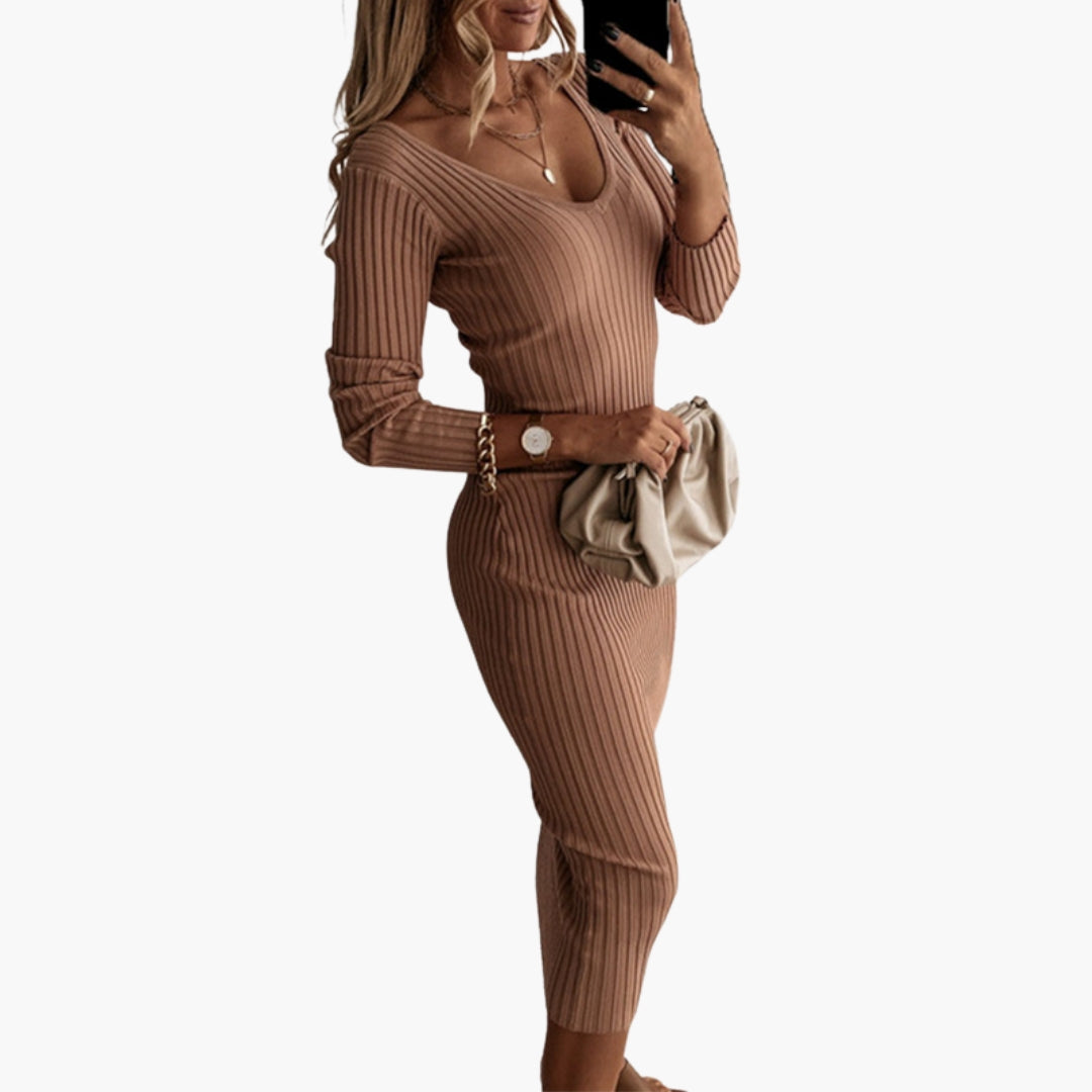 Midi dress for women with long sleeves and rounded neckline