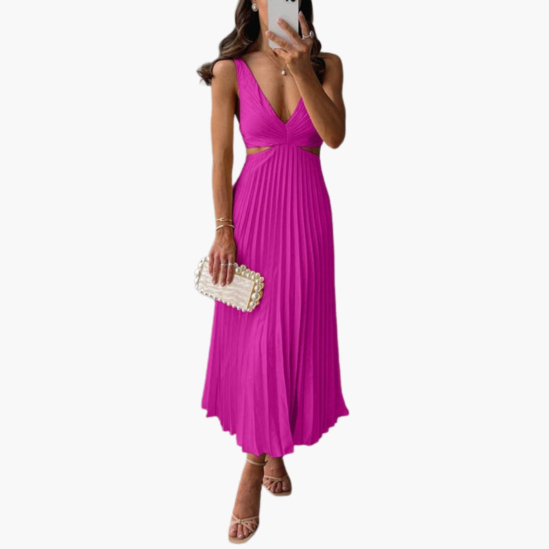 Vestido midi para mujer con escote en V profundo y falda plisada