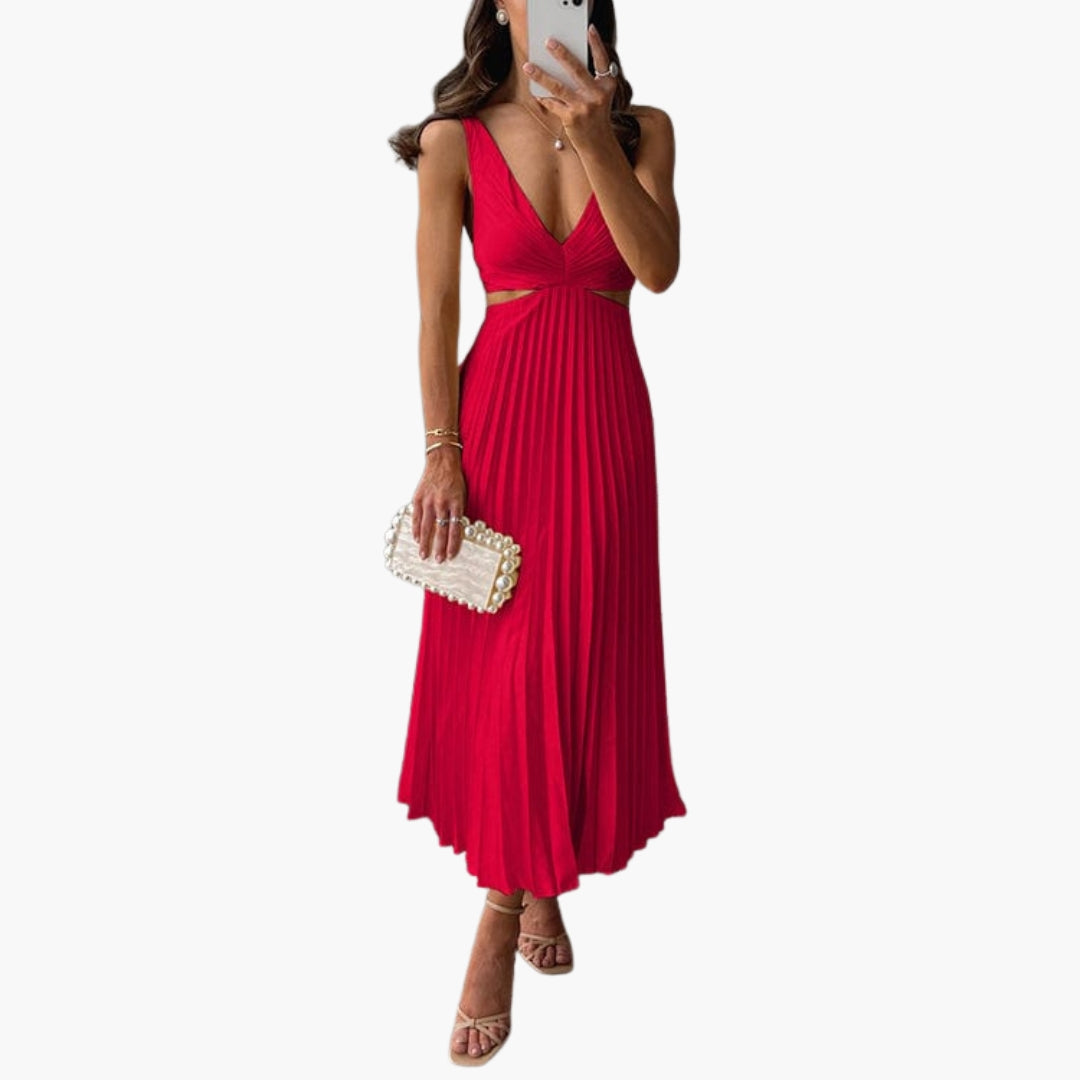 Vestido midi para mujer con escote en V profundo y falda plisada