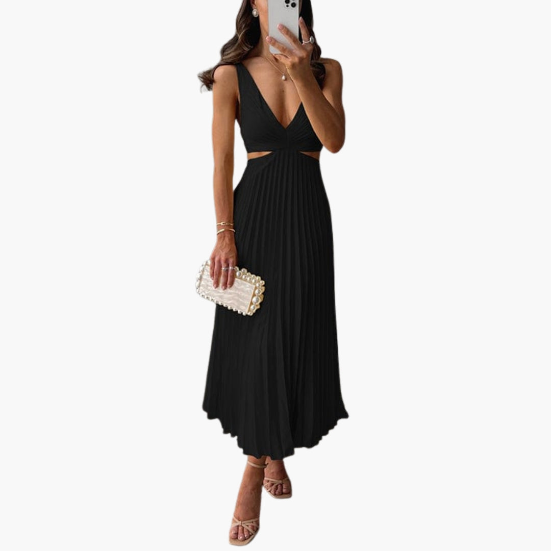 Vestido midi para mujer con escote en V profundo y falda plisada