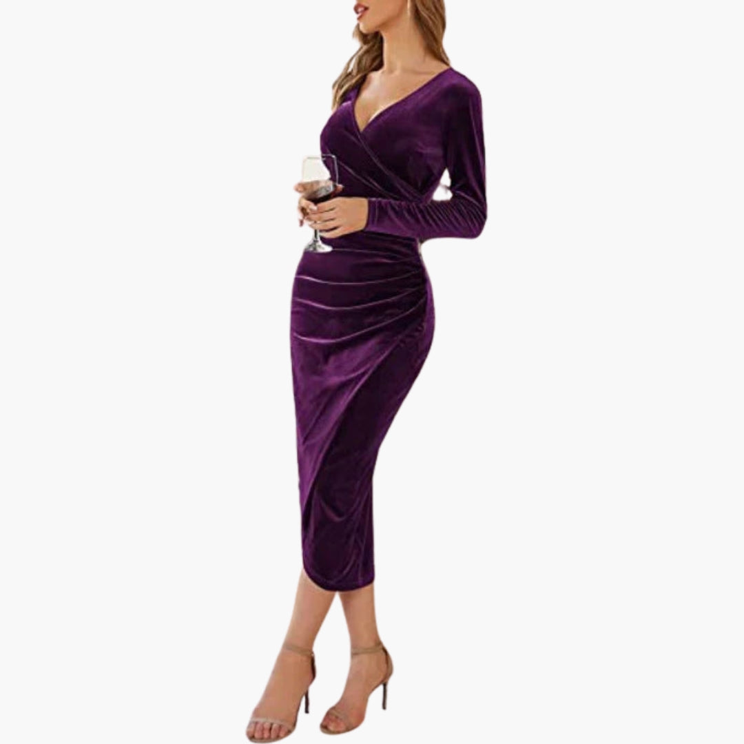 Abito midi donna in velluto con maniche lunghe