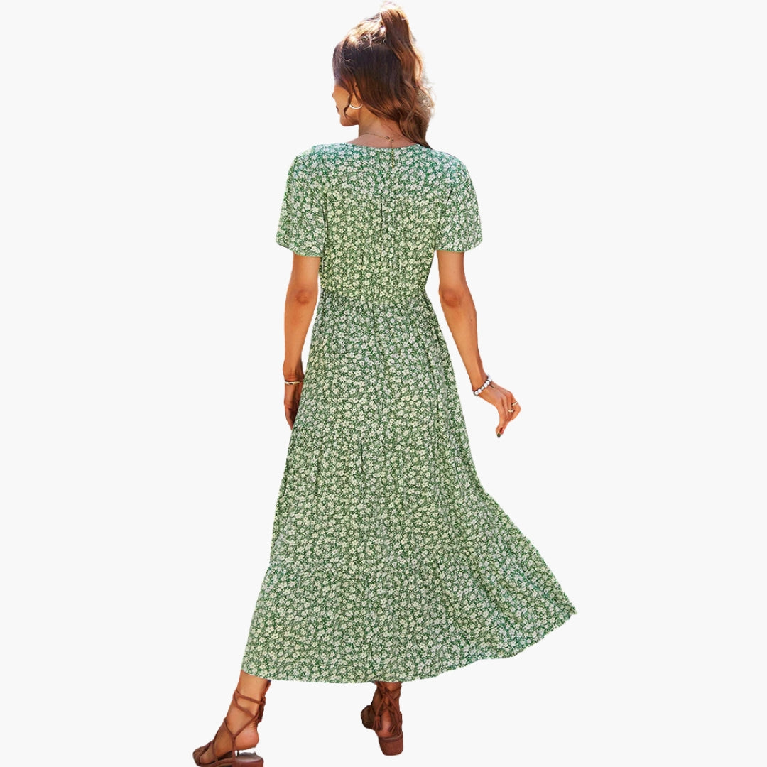 Robe midi fleurie femme à manches courtes