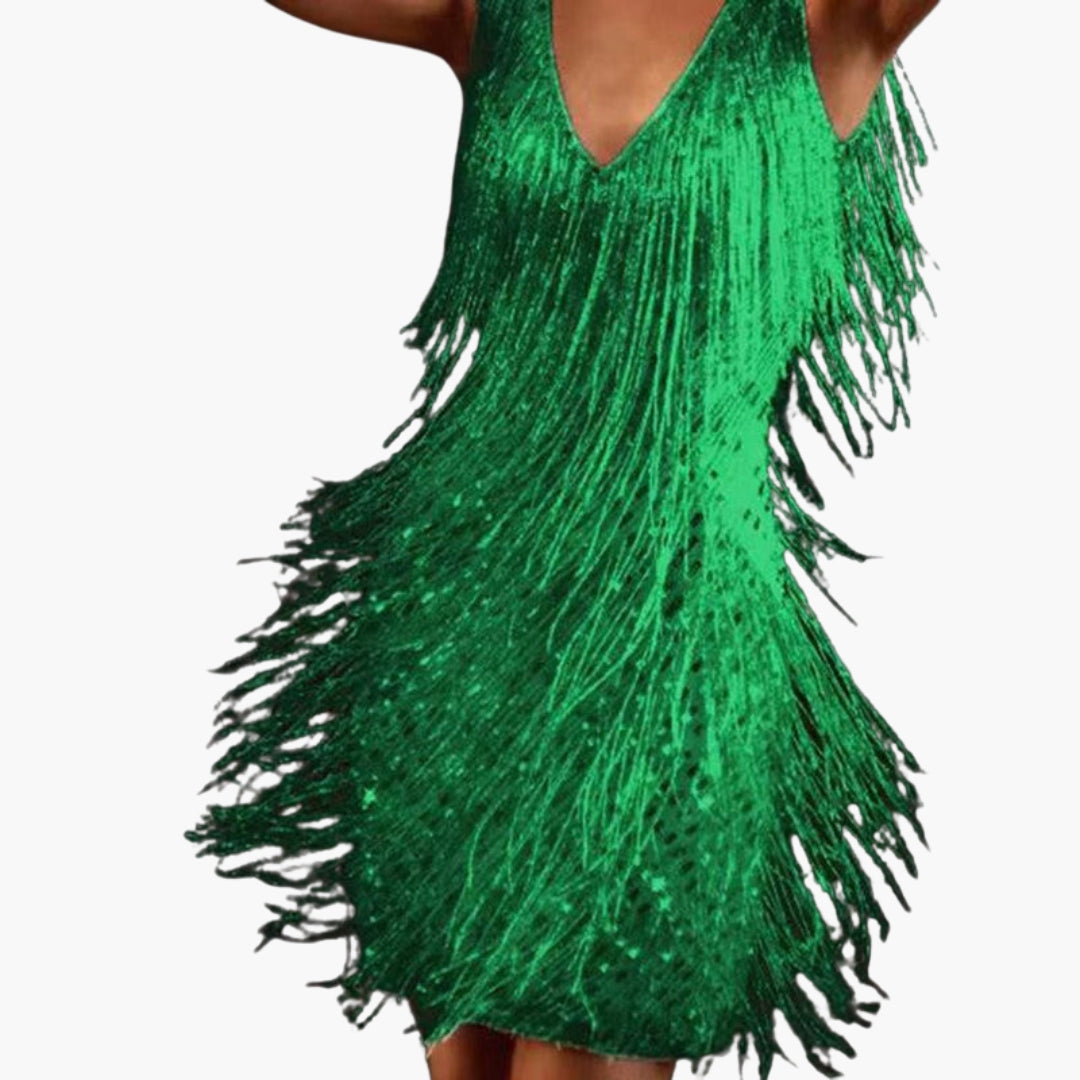 Mini-Kleid für Damen mit V-Ausschnitt und Quastenfransen