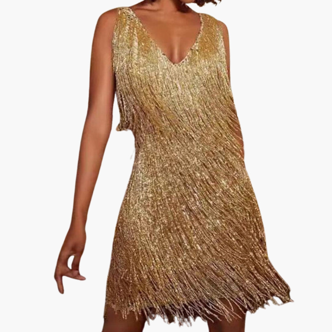 Mini-Kleid für Damen mit V-Ausschnitt und Quastenfransen