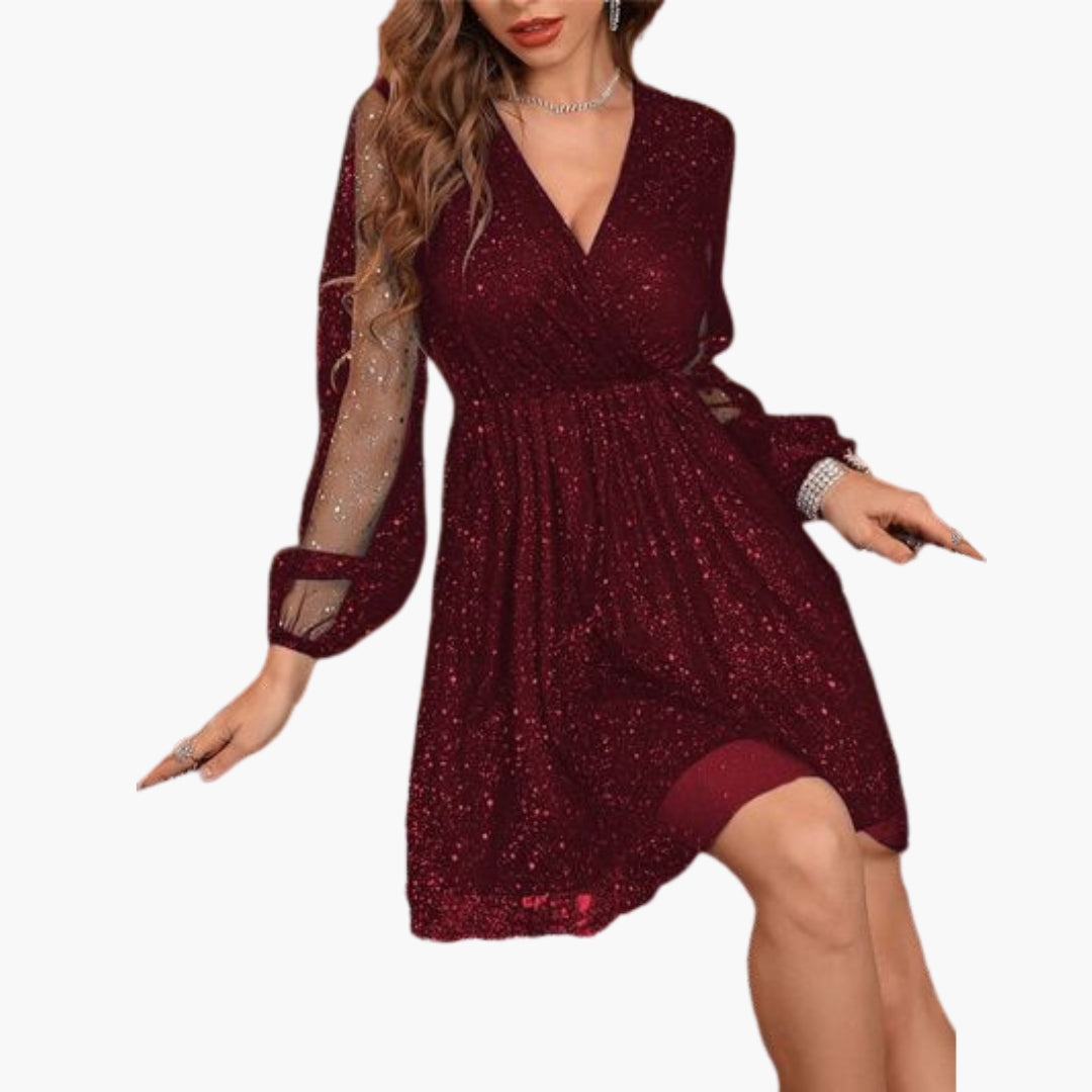 Vestido corto para mujer con escote cruzado y mangas abullonadas