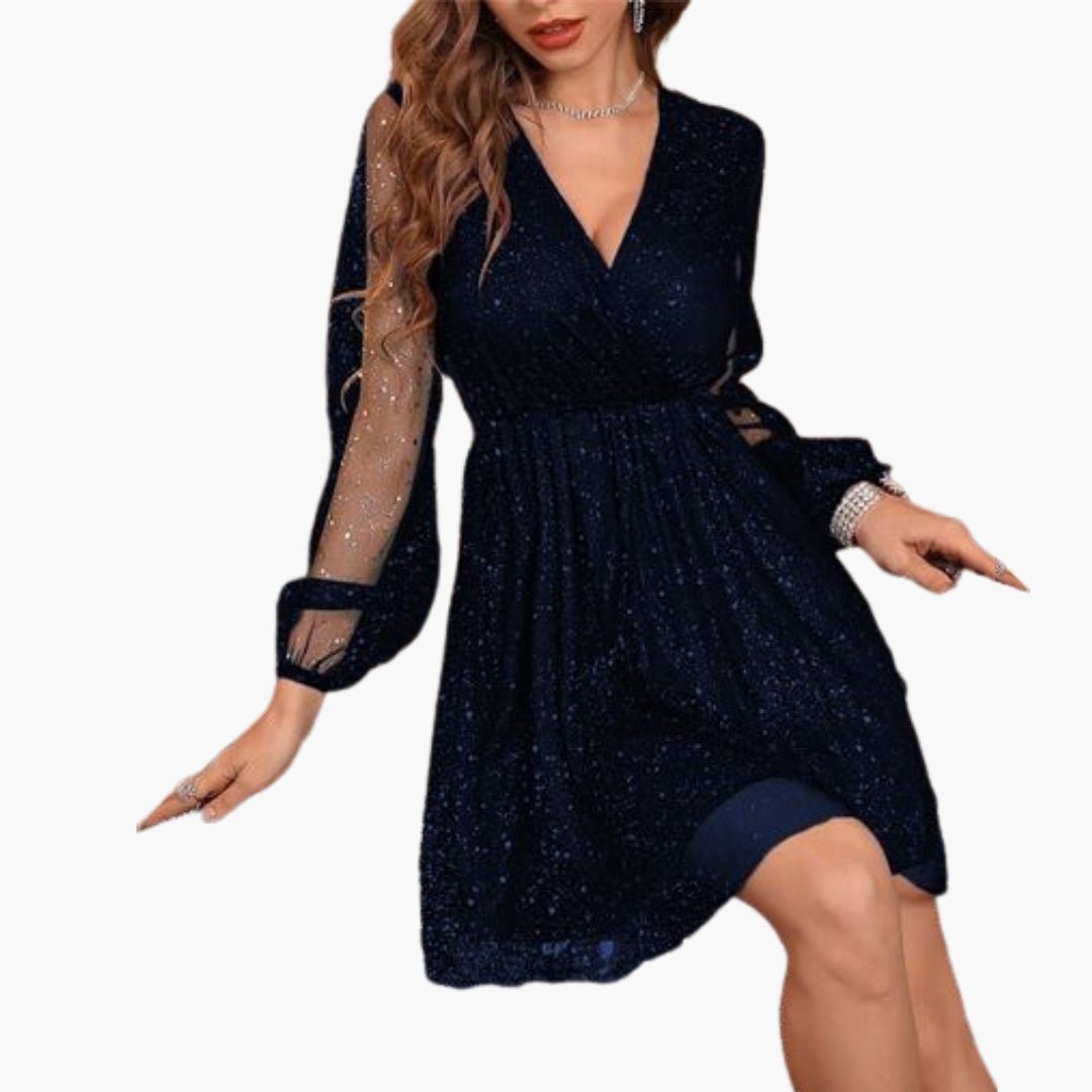 Vestido corto para mujer con escote cruzado y mangas abullonadas