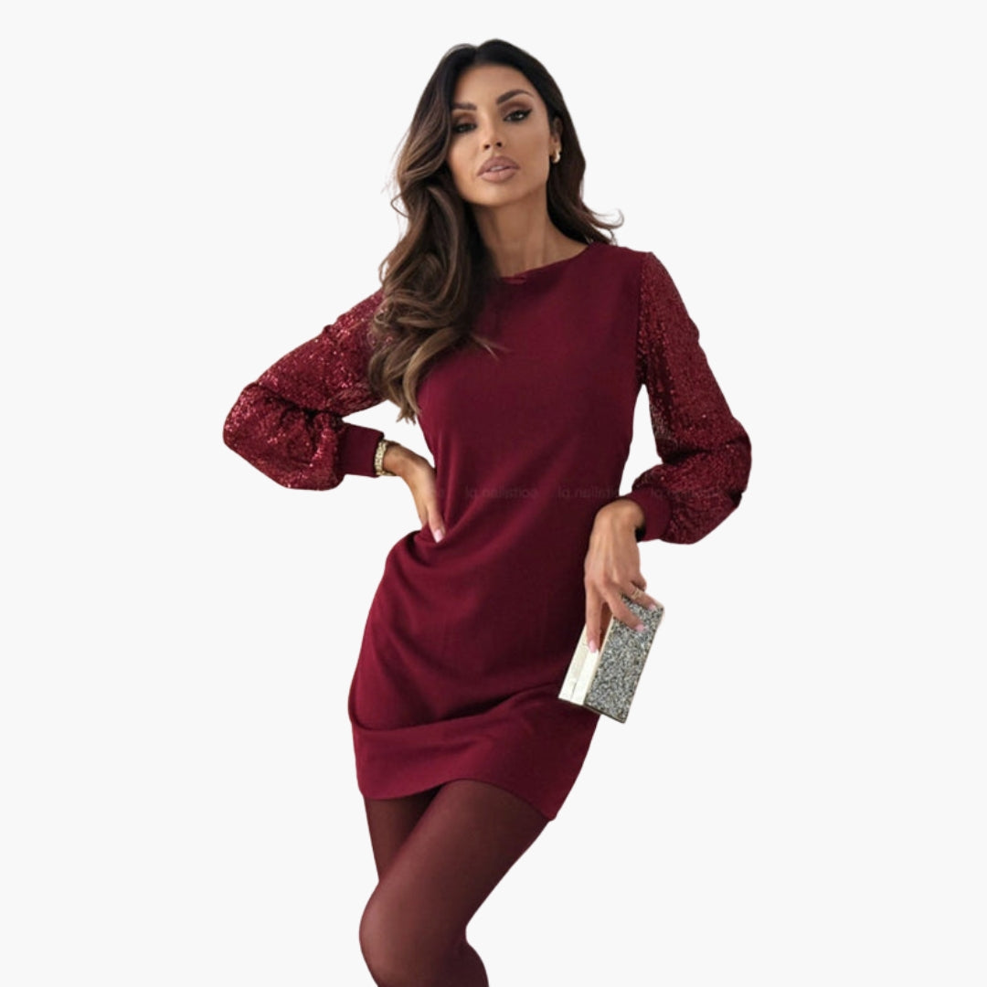 Robe mini femme à manches pailletées et col rond