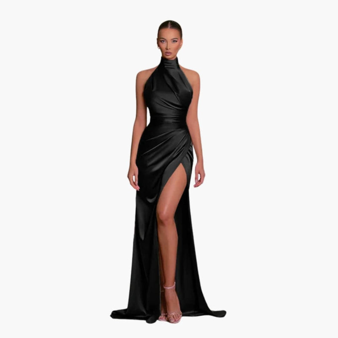 Robe para senhora com decote halter e racha