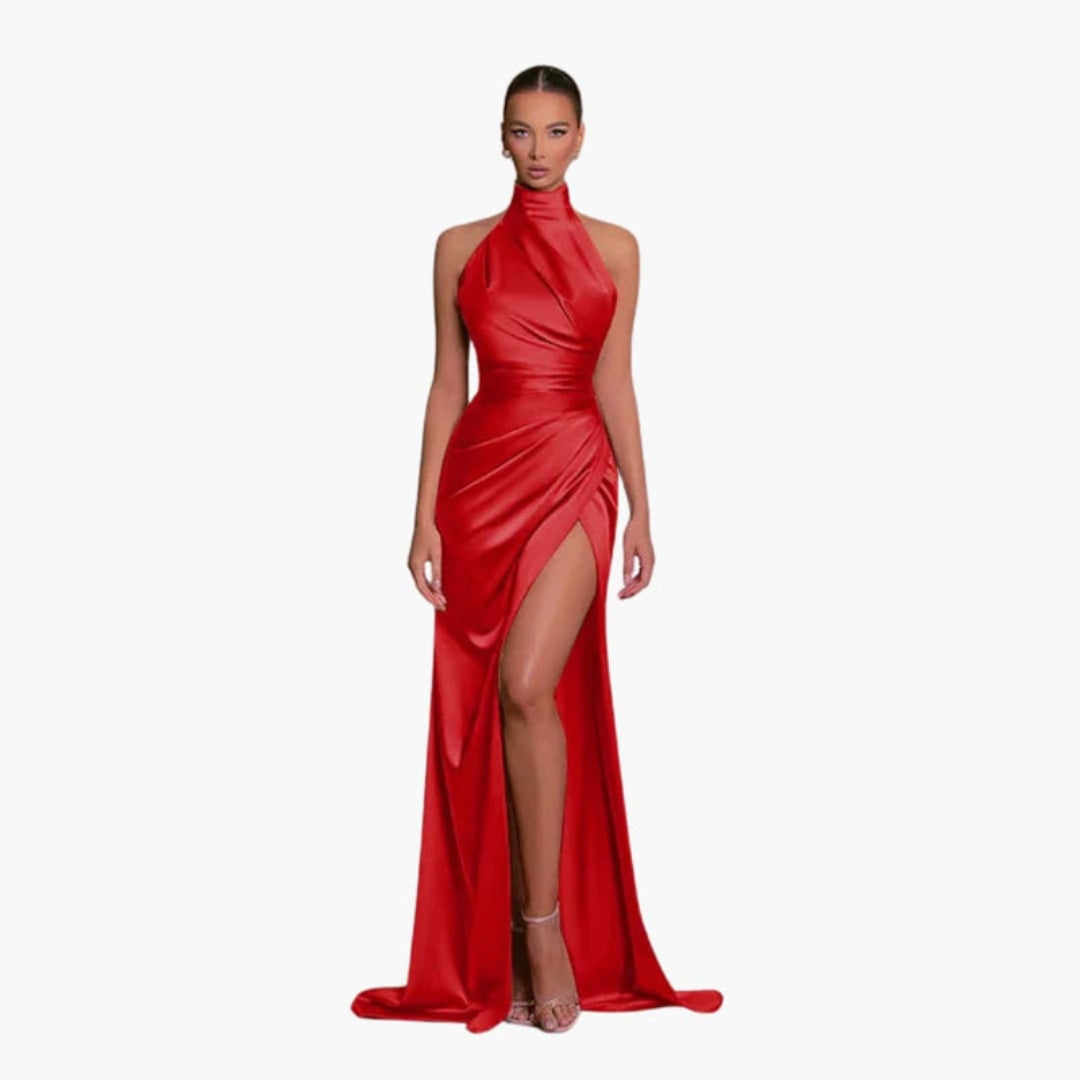 Robe para senhora com decote halter e racha
