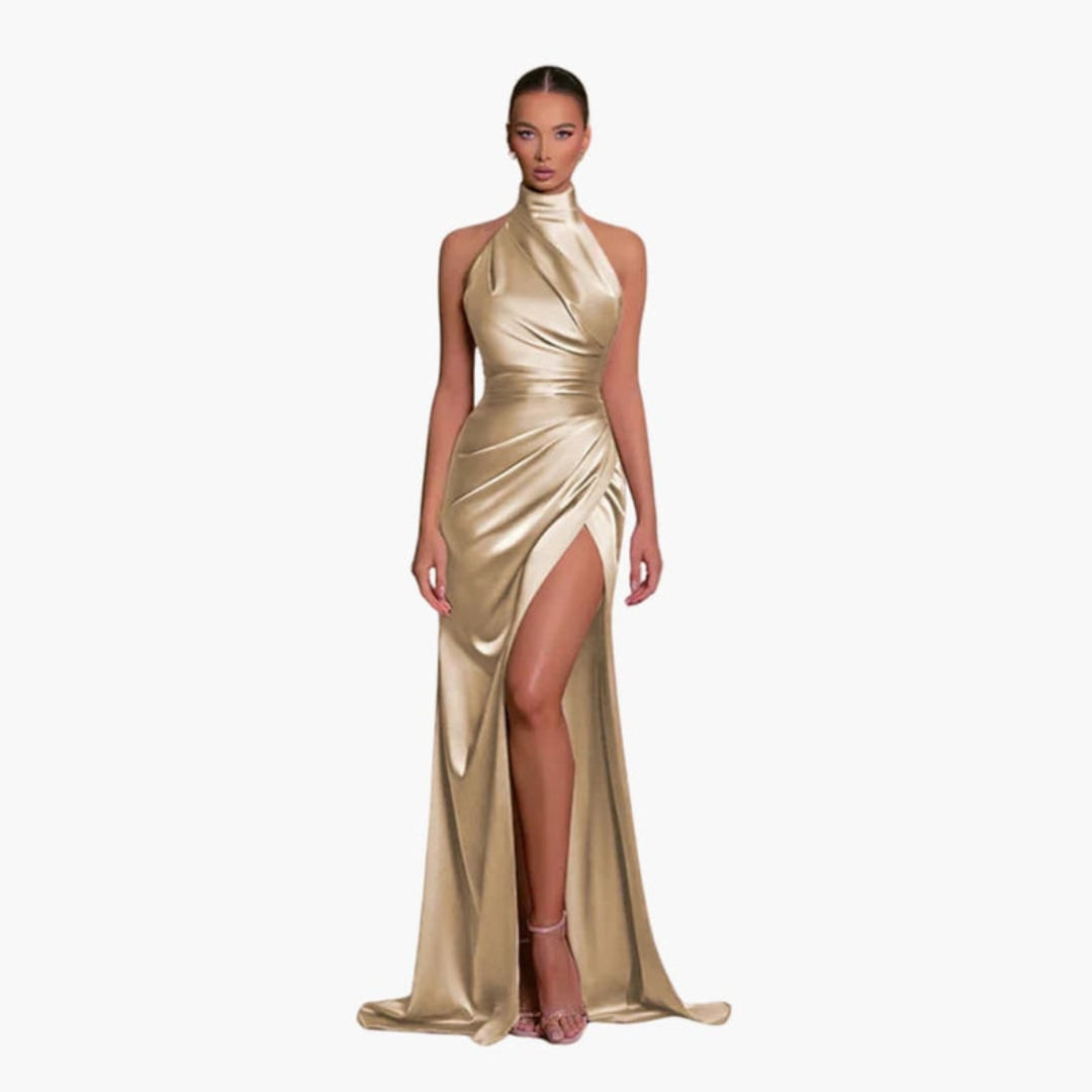 Robe para senhora com decote halter e racha