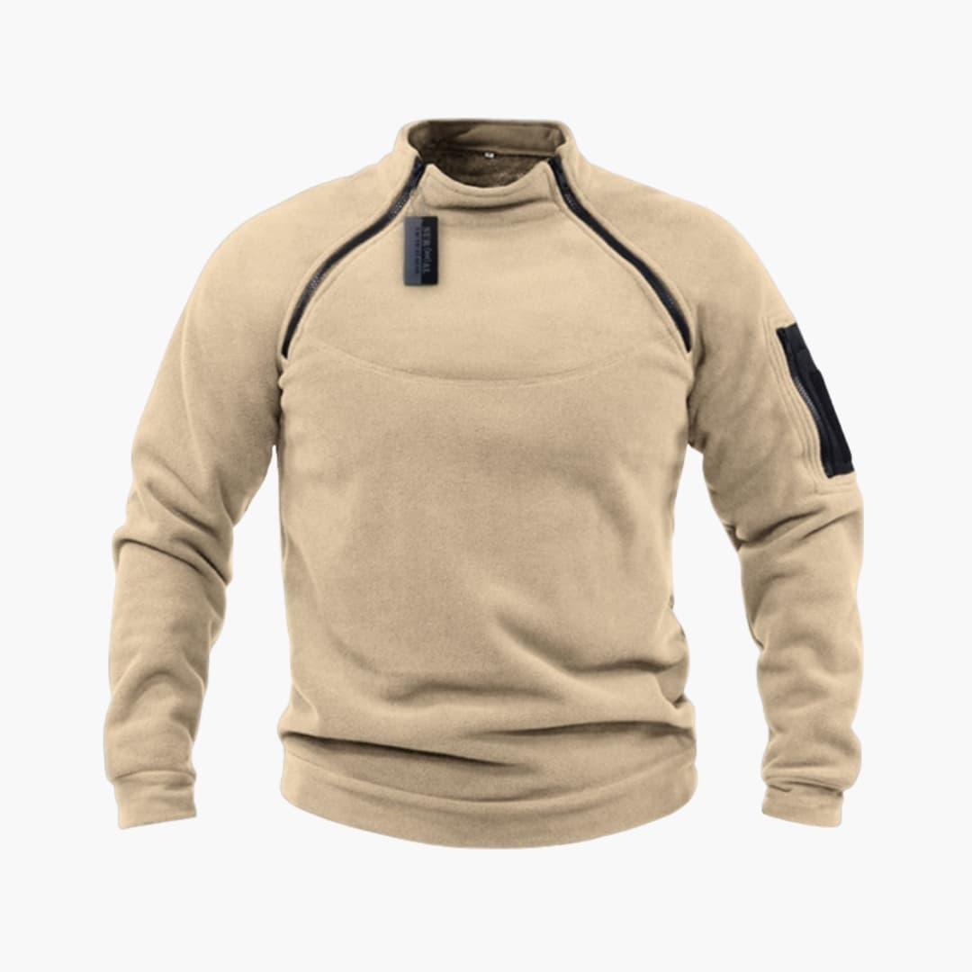 Men's tactical fleece sweatshirt with stand-up collar and zippered pocket on the sleeve
