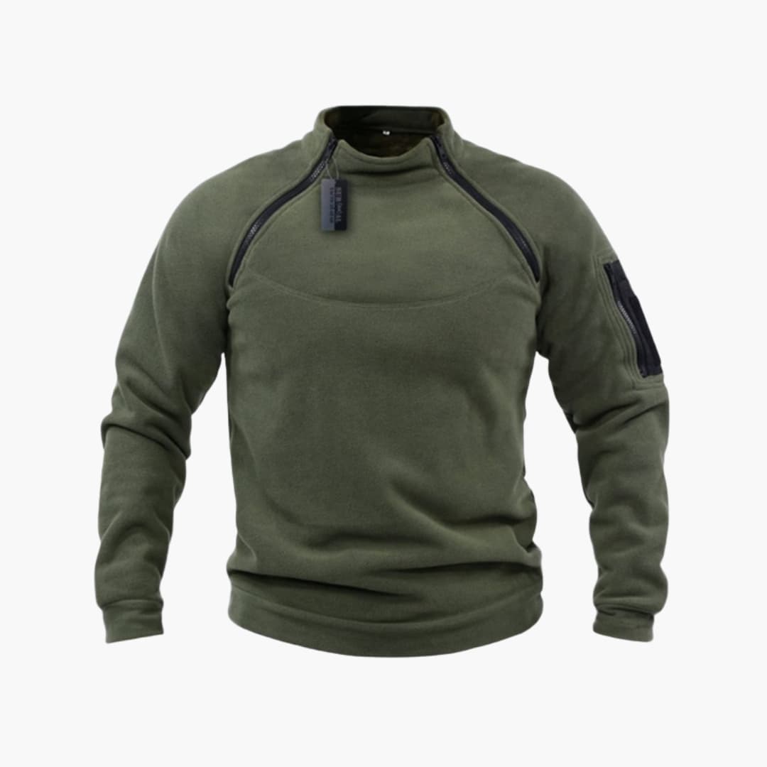 Men's tactical fleece sweatshirt with stand-up collar and zippered pocket on the sleeve
