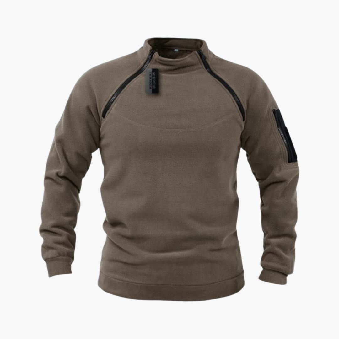 Men's tactical fleece sweatshirt with stand-up collar and zippered pocket on the sleeve