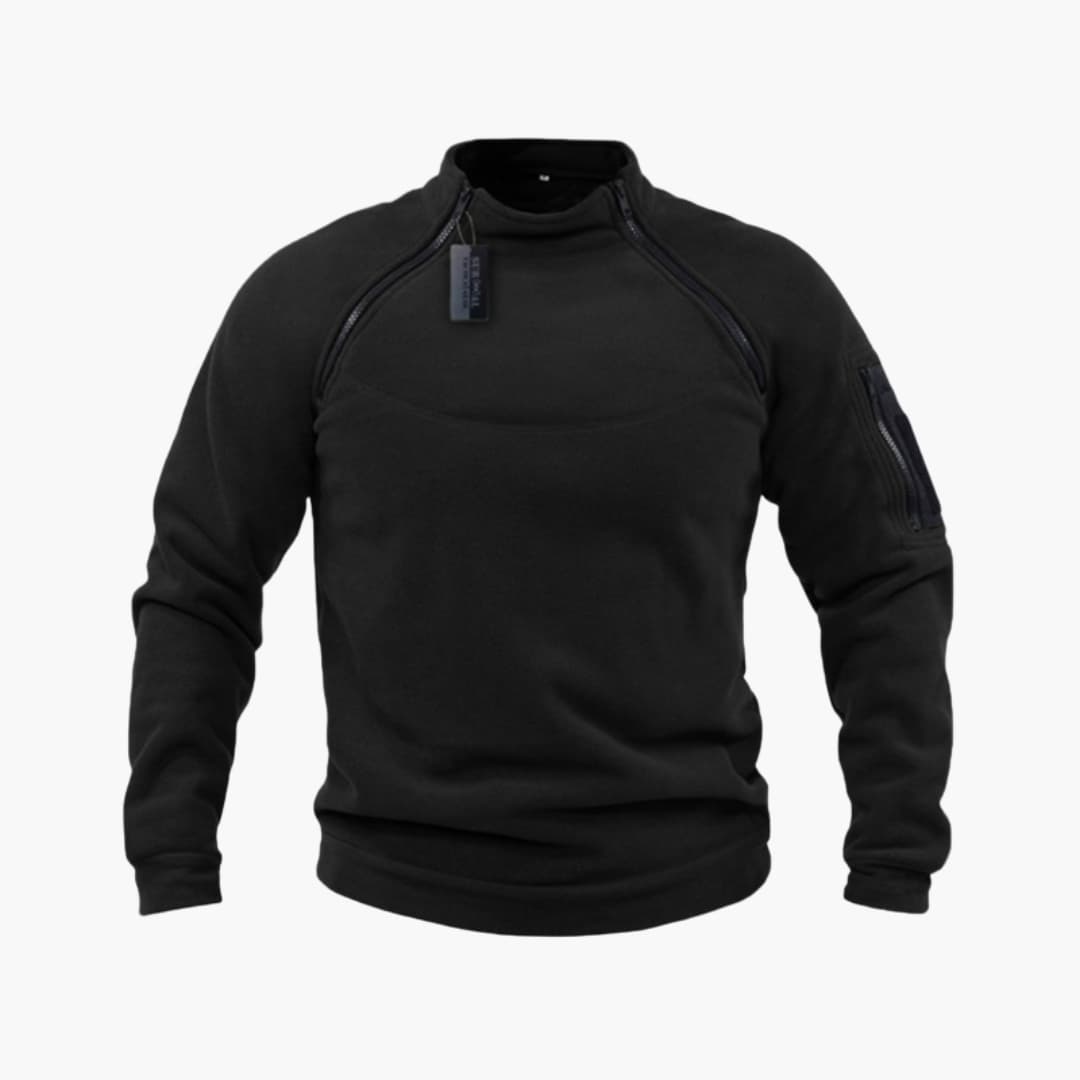 Men's tactical fleece sweatshirt with stand-up collar and zippered pocket on the sleeve