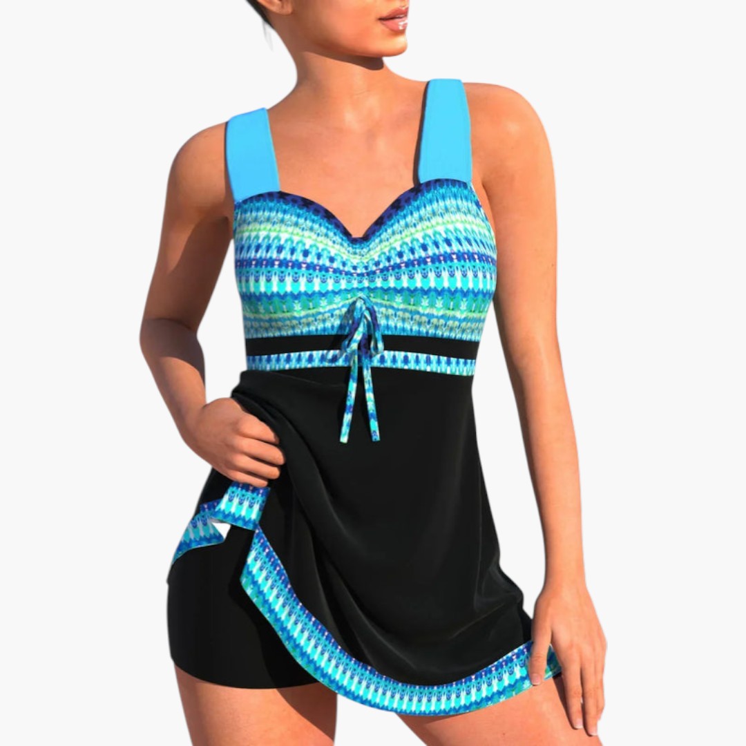 Tankini de remendos para mulheres com parte superior ajustada e parte inferior