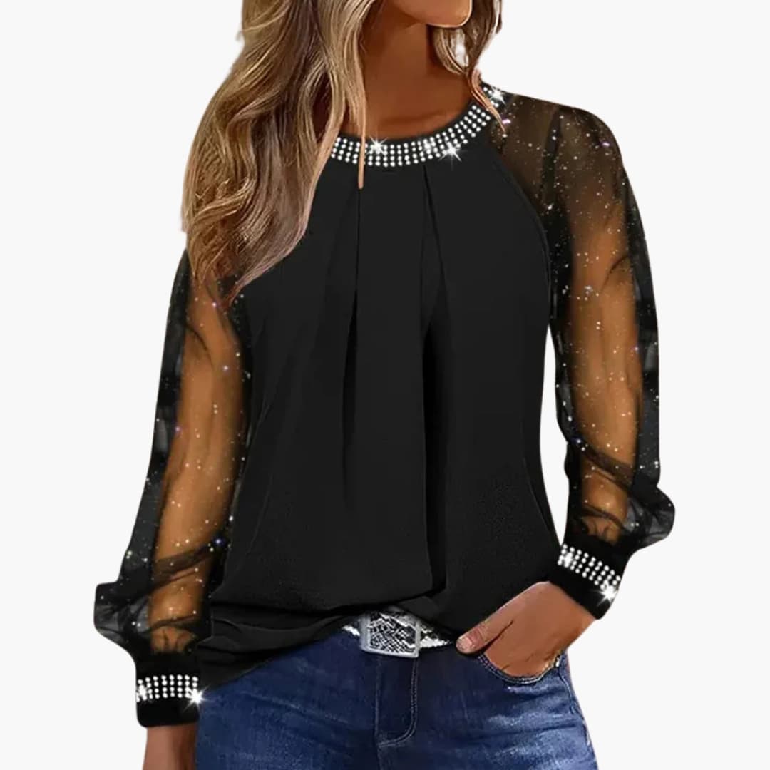 Top de malha para mulher com mangas compridas e decote redondo