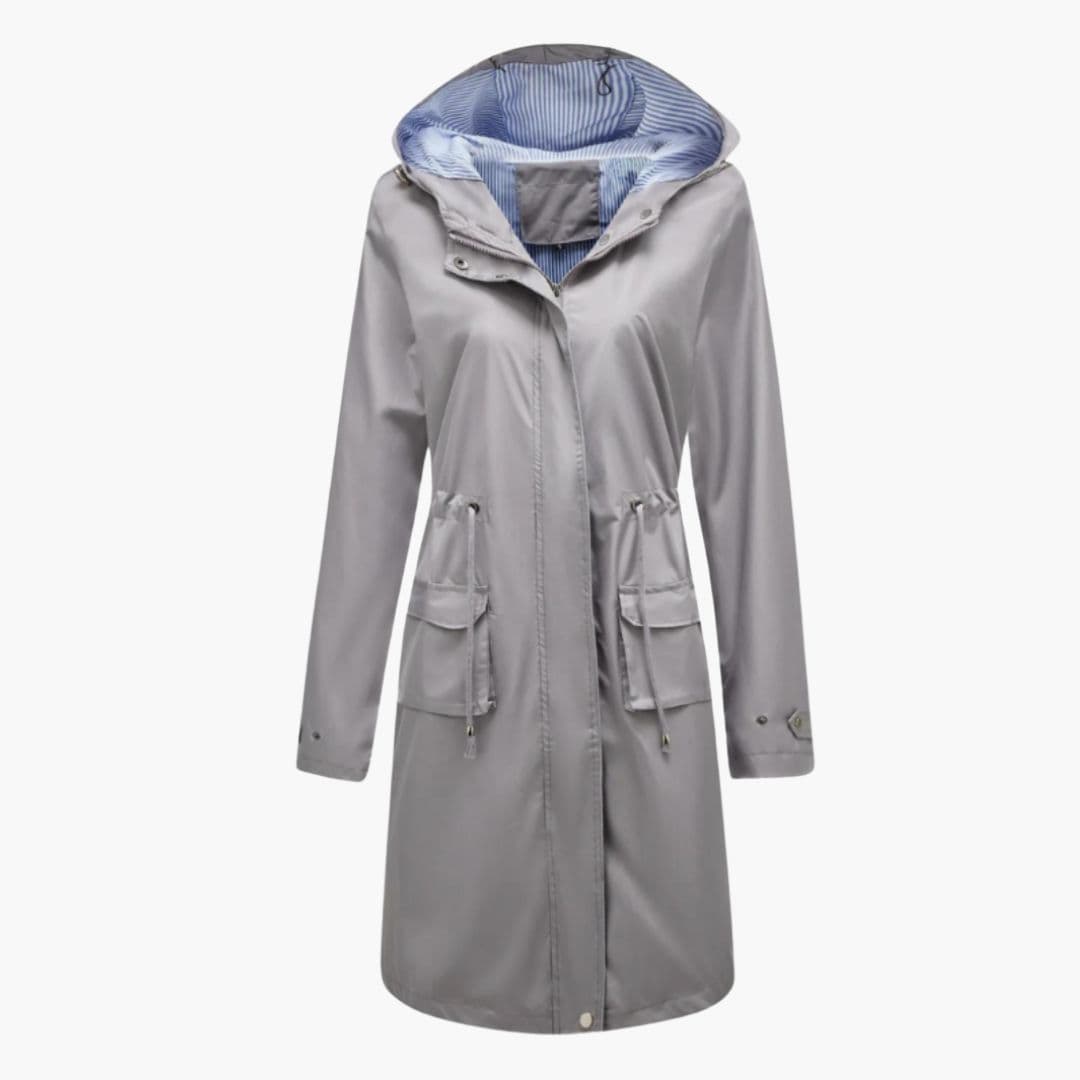 Kvindelig trenchcoat med hætte og klaplommer foran
