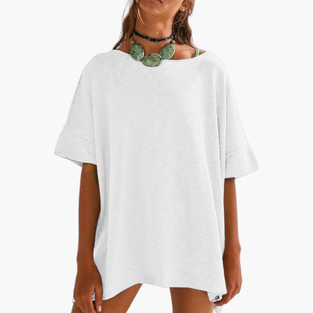 T-shirt Mulher com Mangas Dobradas e Gola Redonda