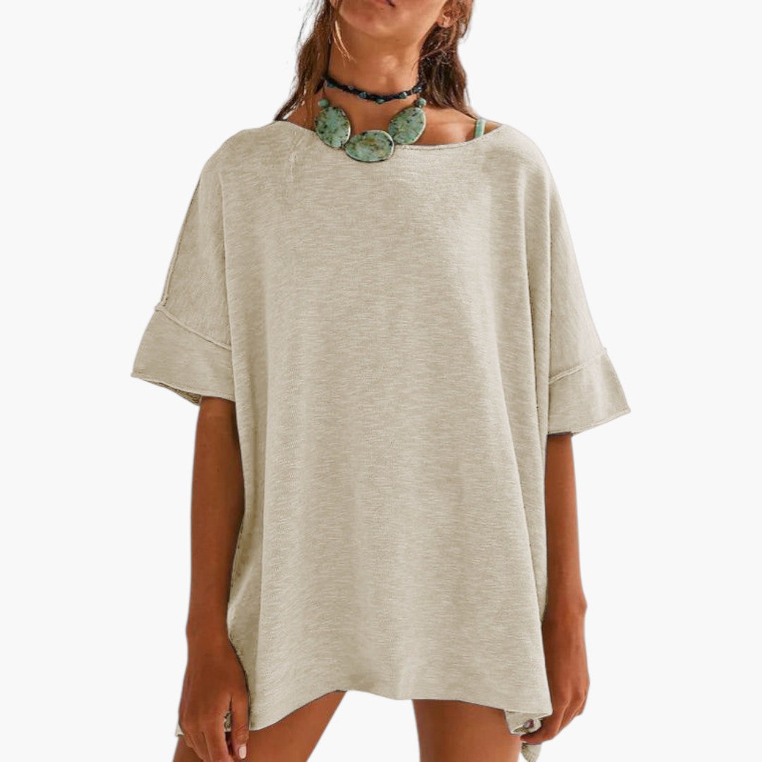 T-shirt Mulher com Mangas Dobradas e Gola Redonda
