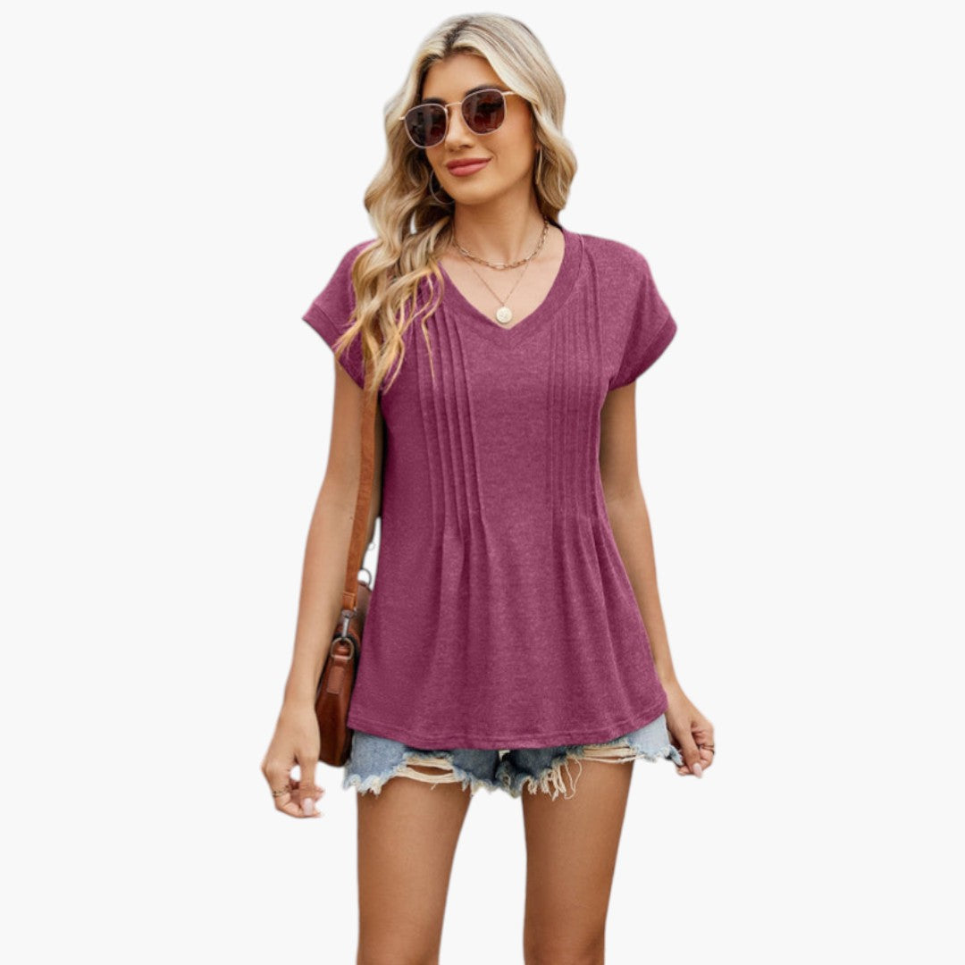 Camiseta para mujer con cuello en V y pliegues en la parte delantera