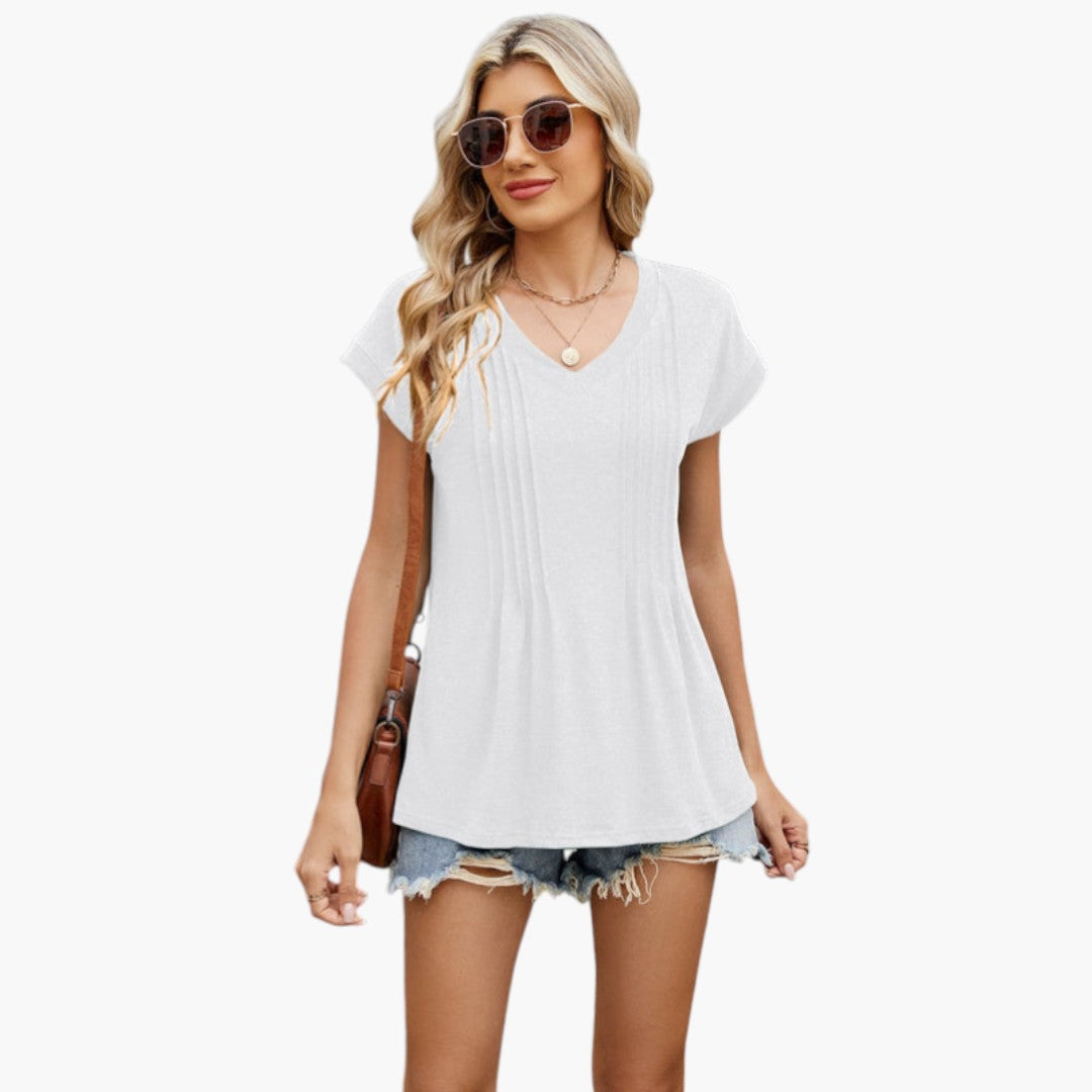 Camiseta para mujer con cuello en V y pliegues en la parte delantera