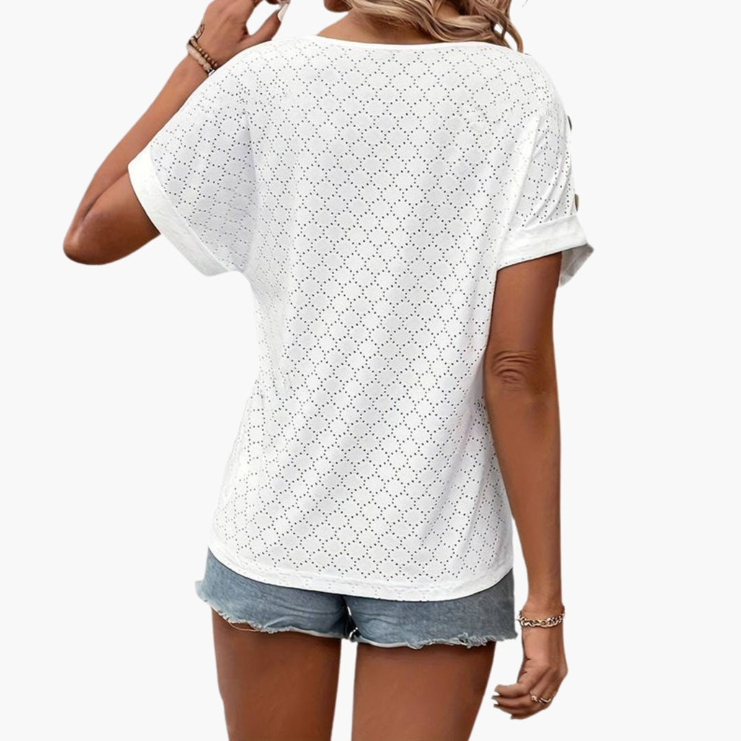 T-shirt til kvinder med V-hals og broderet overflade i engelsk stil