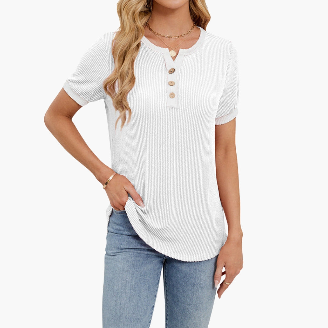 T shirt Femme avec Encolure Fendue et Patte Boutonnée