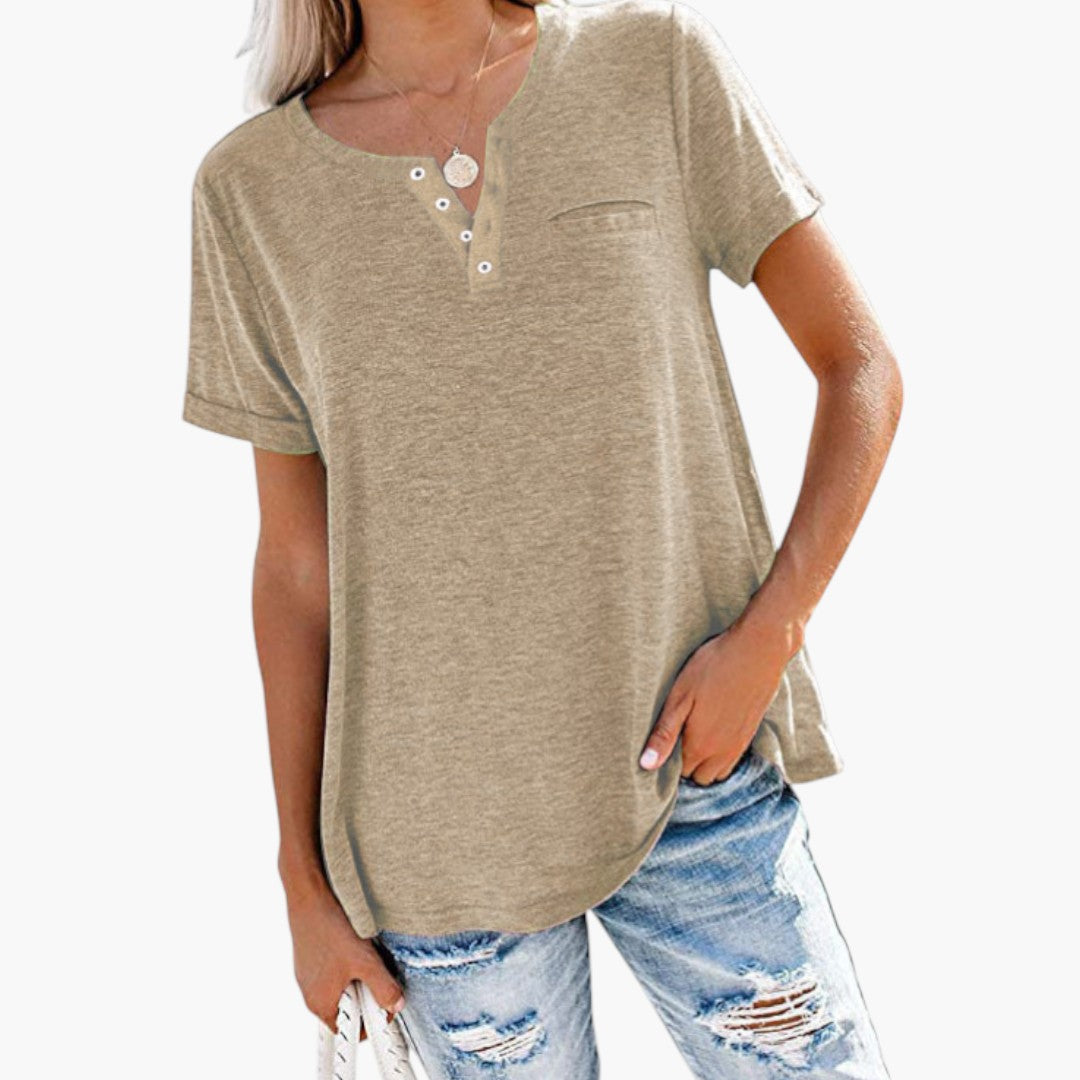 T shirt femme à encolure boutonnée et poche poitrine