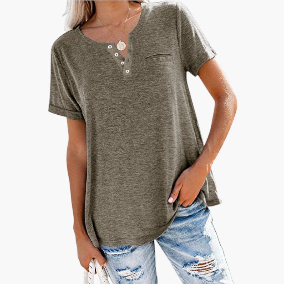 T shirt femme à encolure boutonnée et poche poitrine