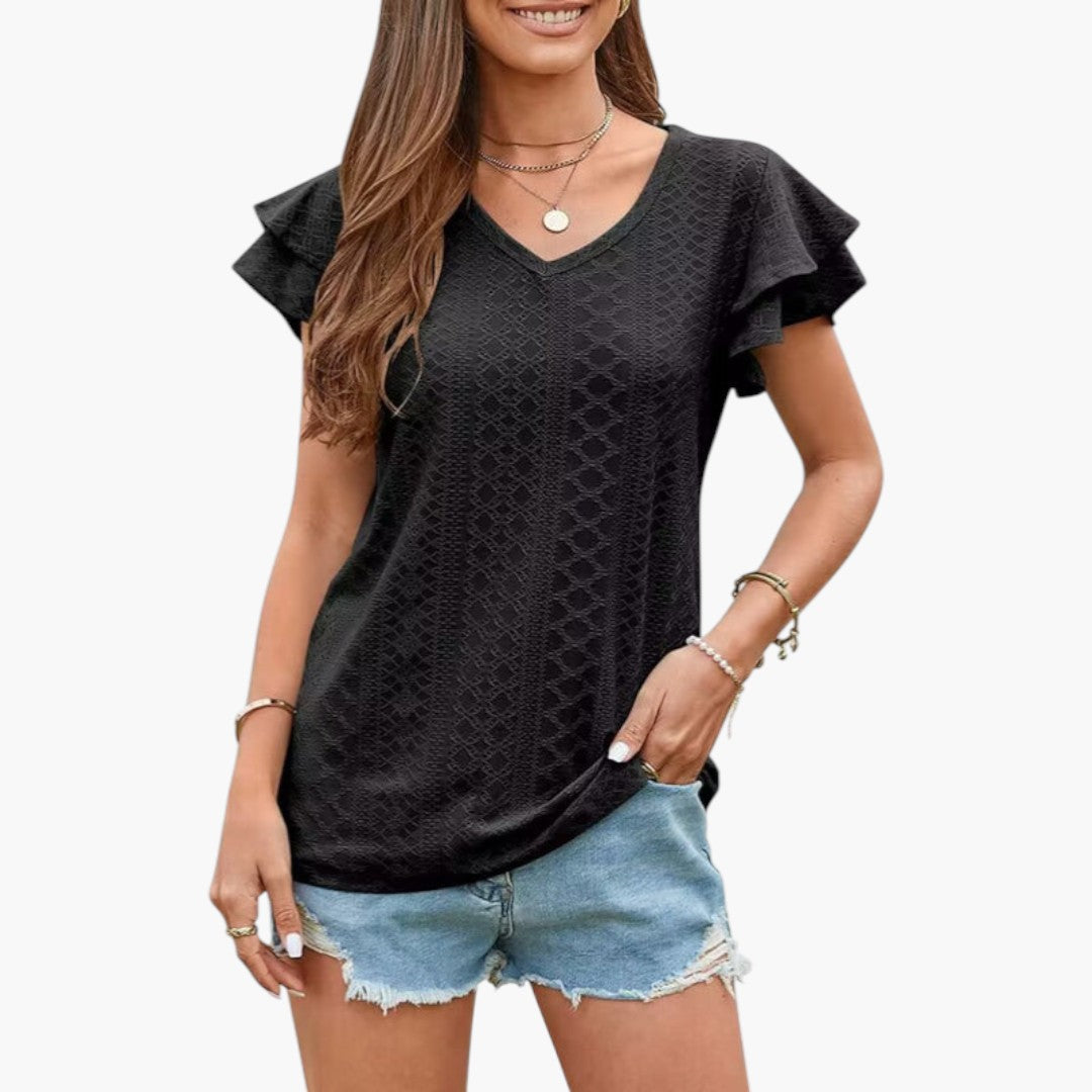 T-shirt til kvinder med V-hals og flæseærmer