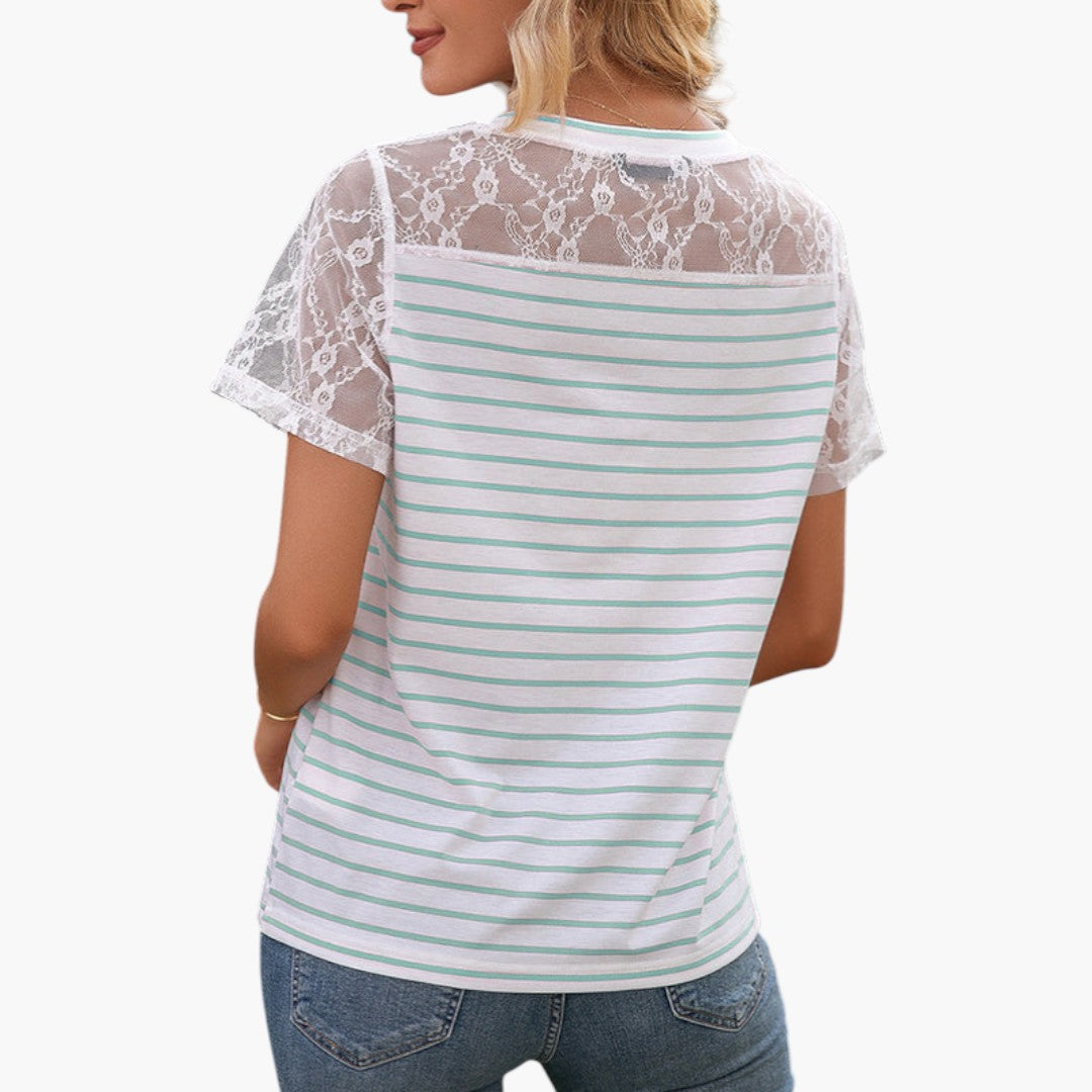 T shirt femme à manches en dentelle et surface à rayures