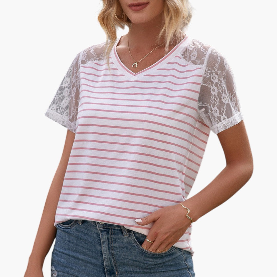 T shirt femme à manches en dentelle et surface à rayures