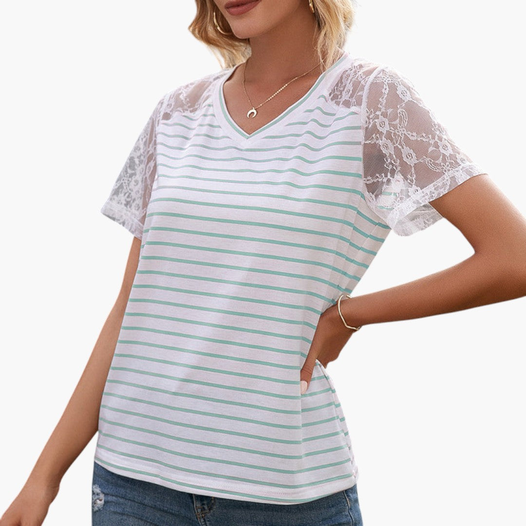 T shirt femme à manches en dentelle et surface à rayures