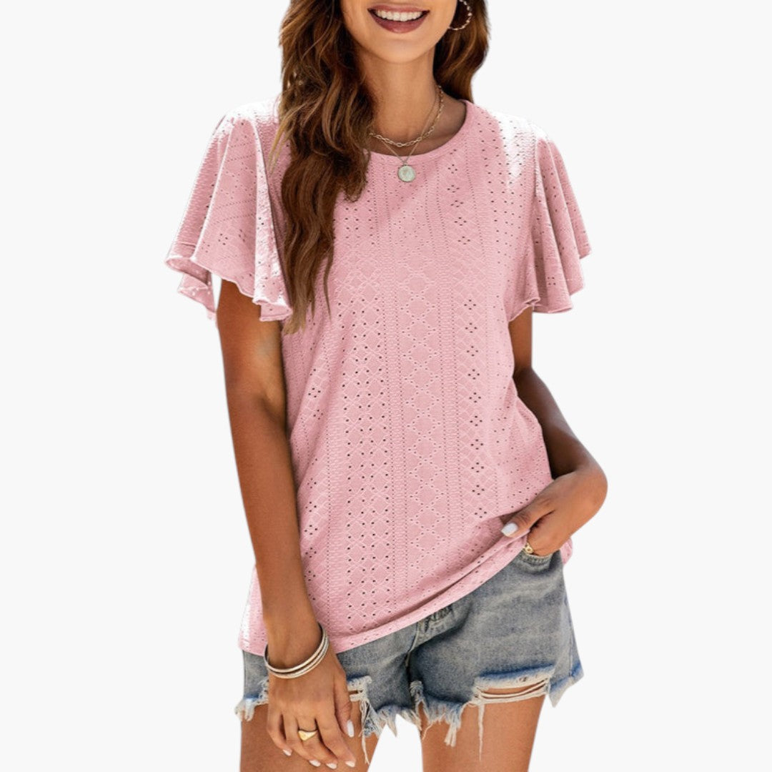T shirt femme à manches volantées et surface ajourée