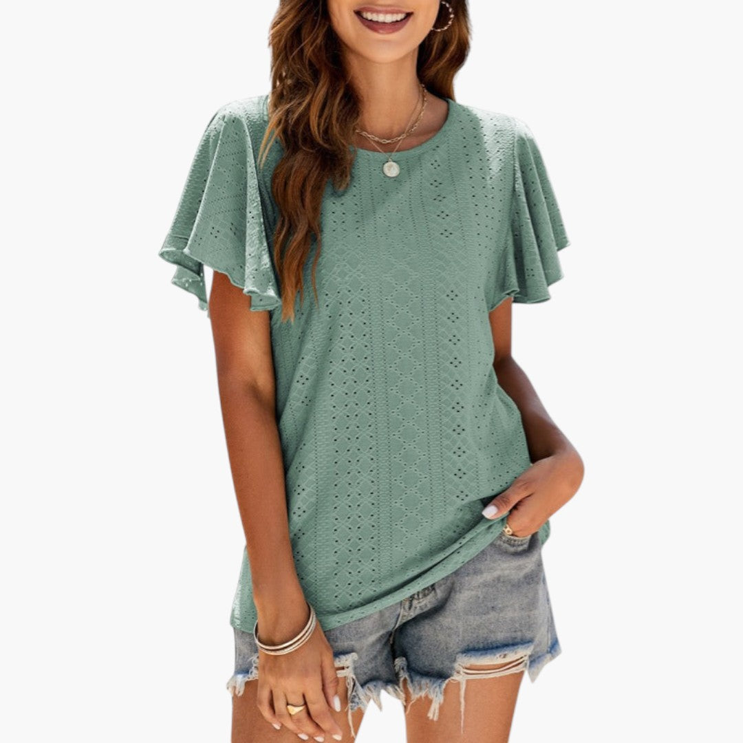 T shirt femme à manches volantées et surface ajourée