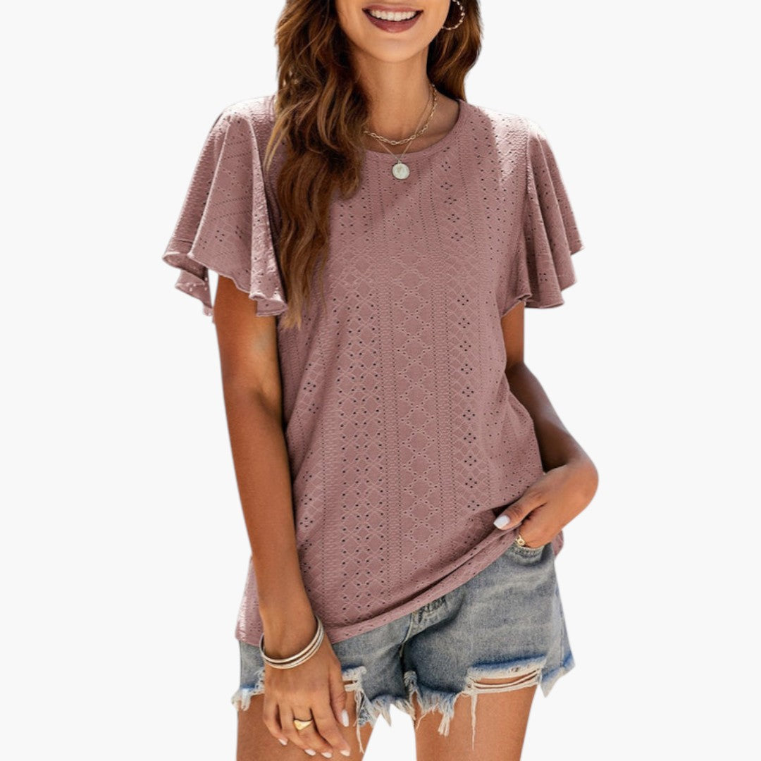 T shirt femme à manches volantées et surface ajourée