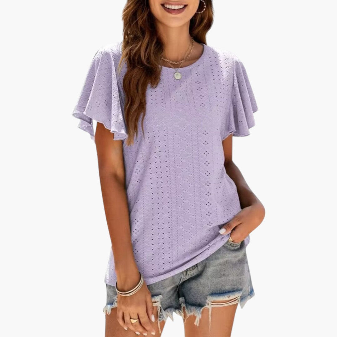 T shirt femme à manches volantées et surface ajourée