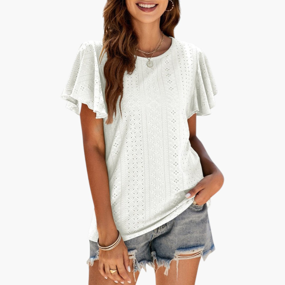 T shirt femme à manches volantées et surface ajourée