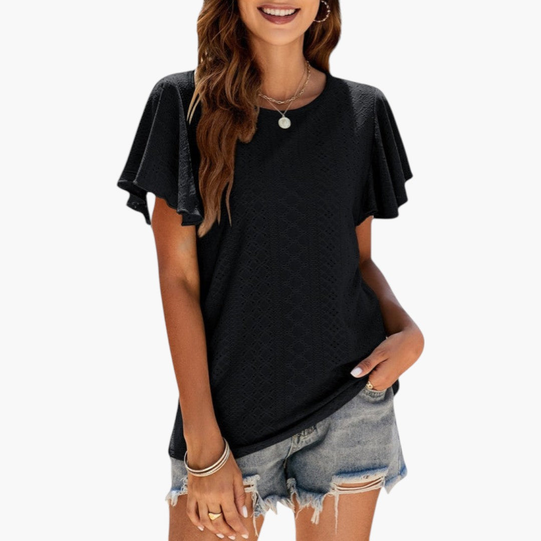 T shirt femme à manches volantées et surface ajourée