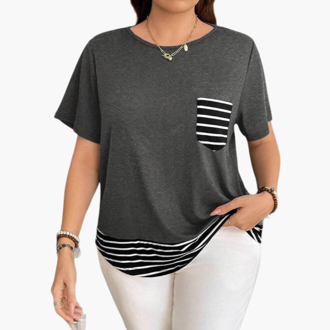 Camiseta mujer con dobladillo a rayas y bolsillo en el pecho