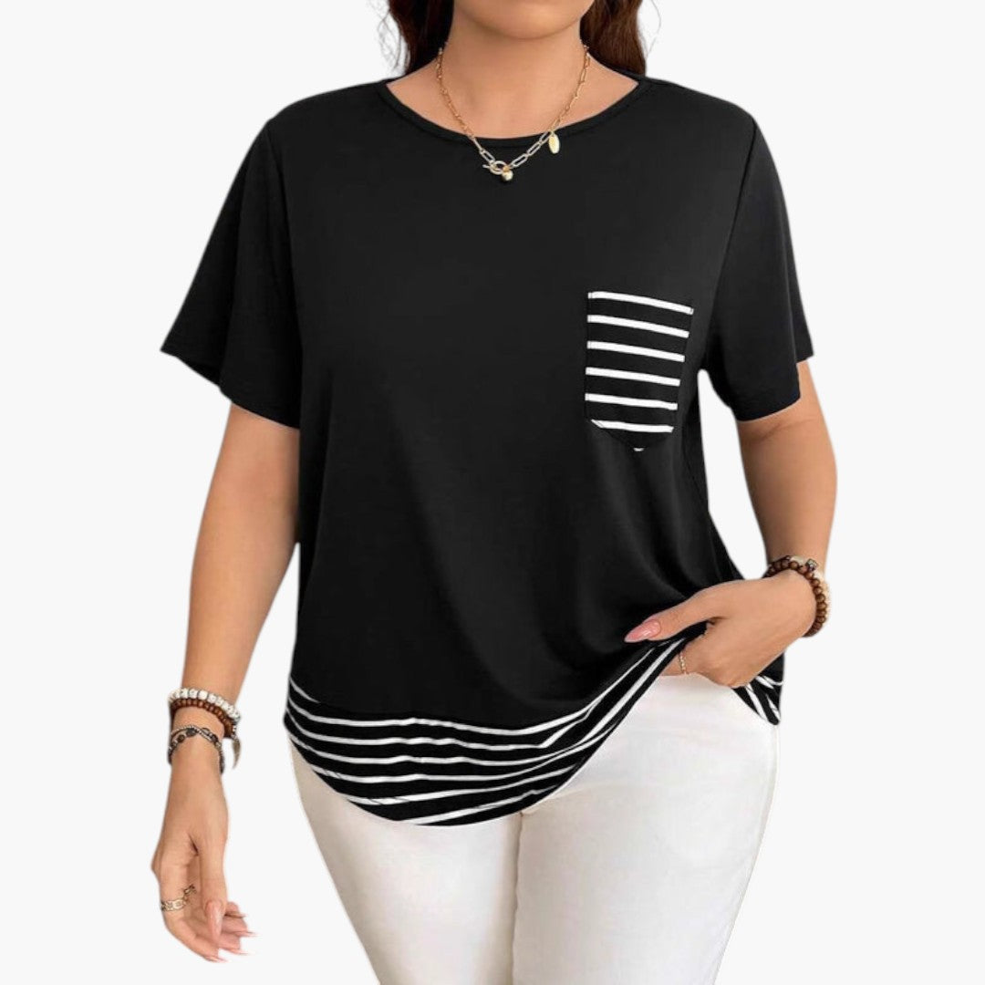 Camiseta mujer con dobladillo a rayas y bolsillo en el pecho