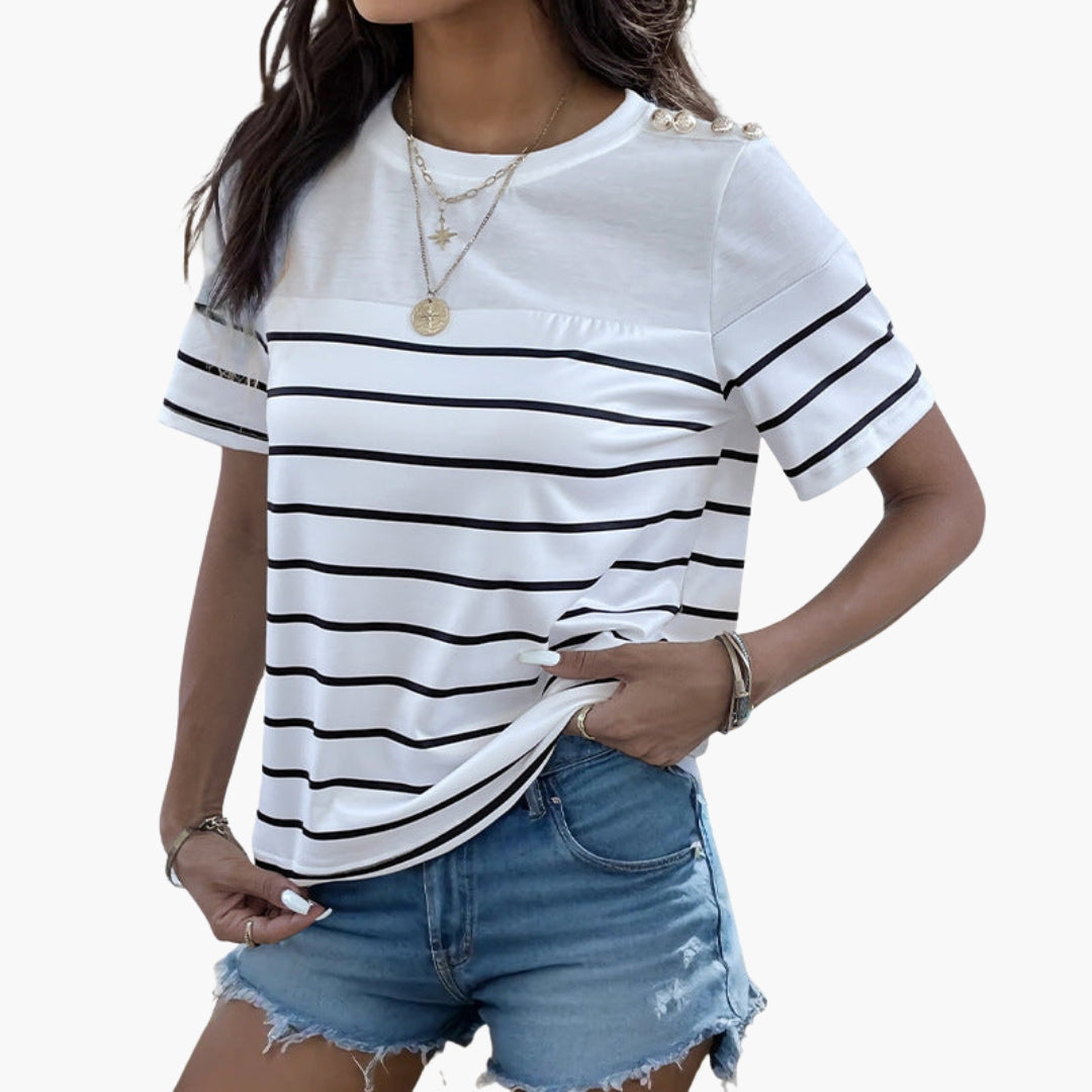 T shirt femme à rayures avec boutons décoratifs à l’épaule