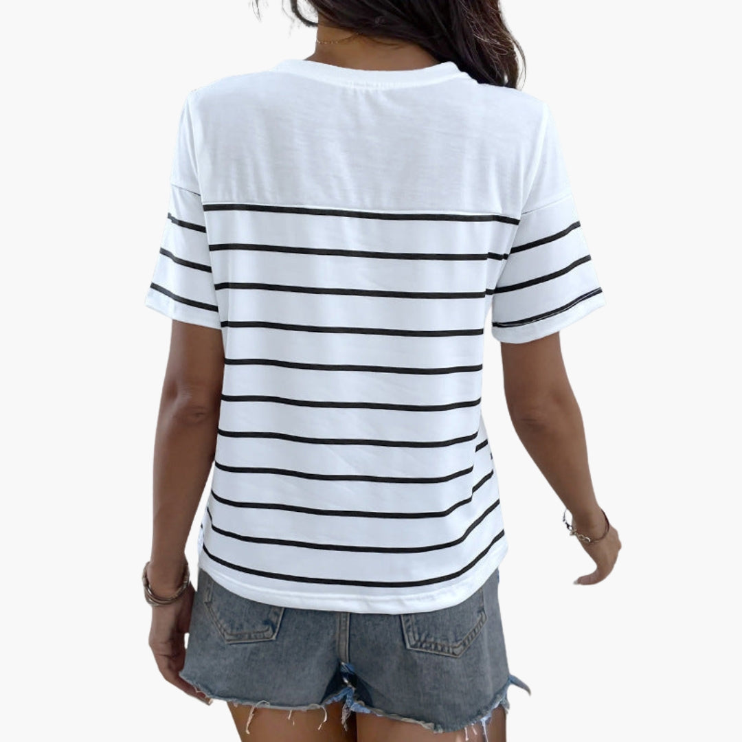 T shirt femme à rayures avec boutons décoratifs à l’épaule